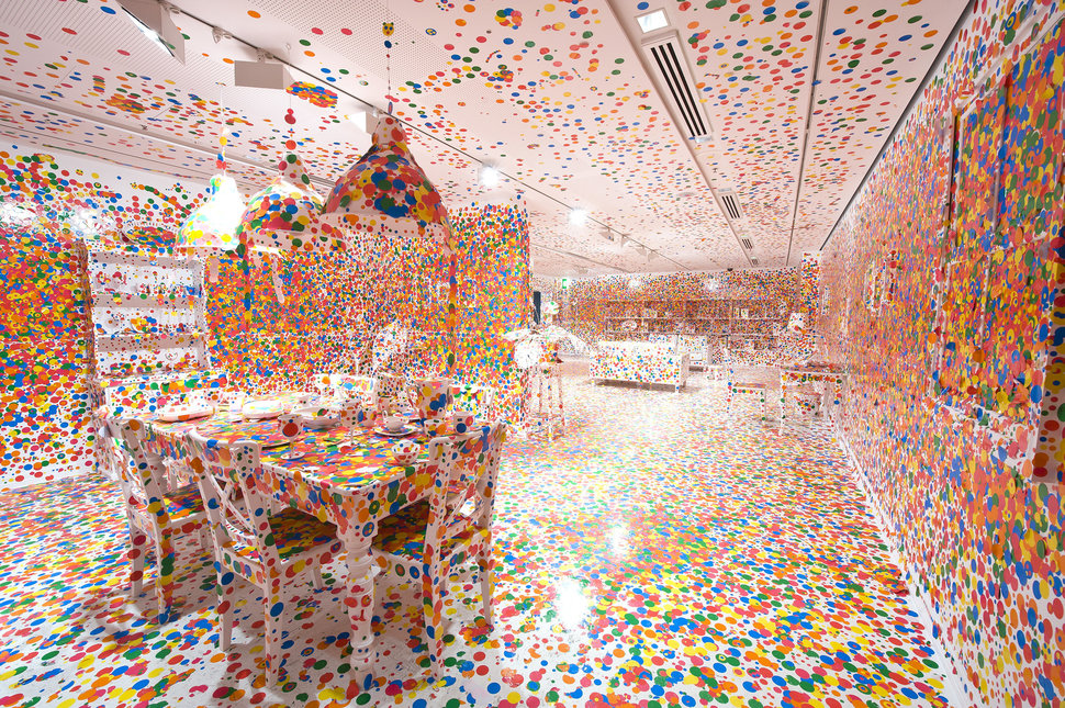 KUSAMA, Yayoi Japan b.1929 The obliteration room 2002 to present Furniture, white paint, dot stickers Dimensions variable Acc. 2012.098 Collaboration between Yayoi Kusama and Queensland Art Gallery. Commissioned Queensland Art Gallery, Australia. Gift of the artist through the Queensland Art Gallery Foundation 2012